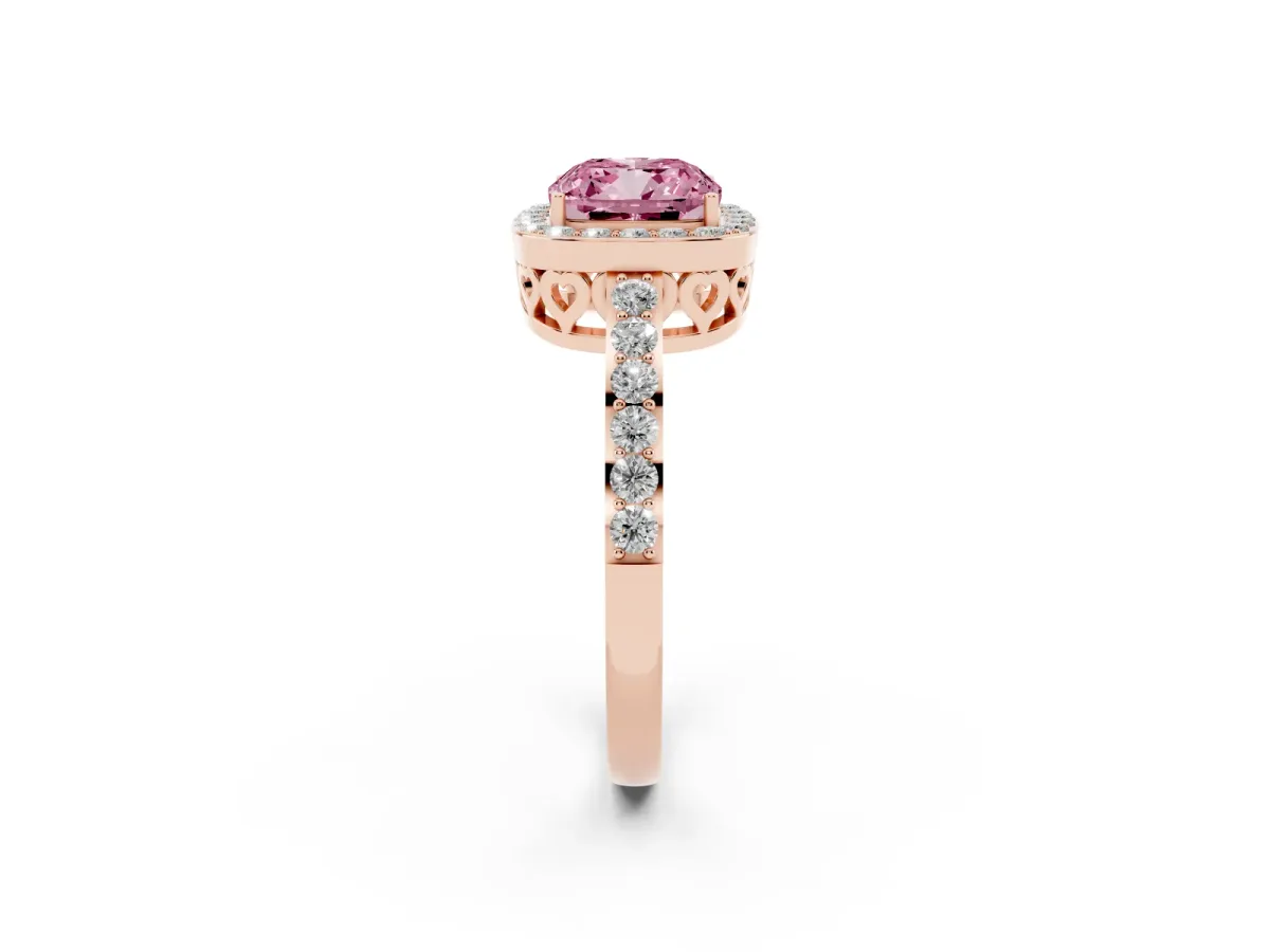 Fancy Pink Cushion Cut Halo Diamond Pavé Band Ring with Prong Setting Rose gold