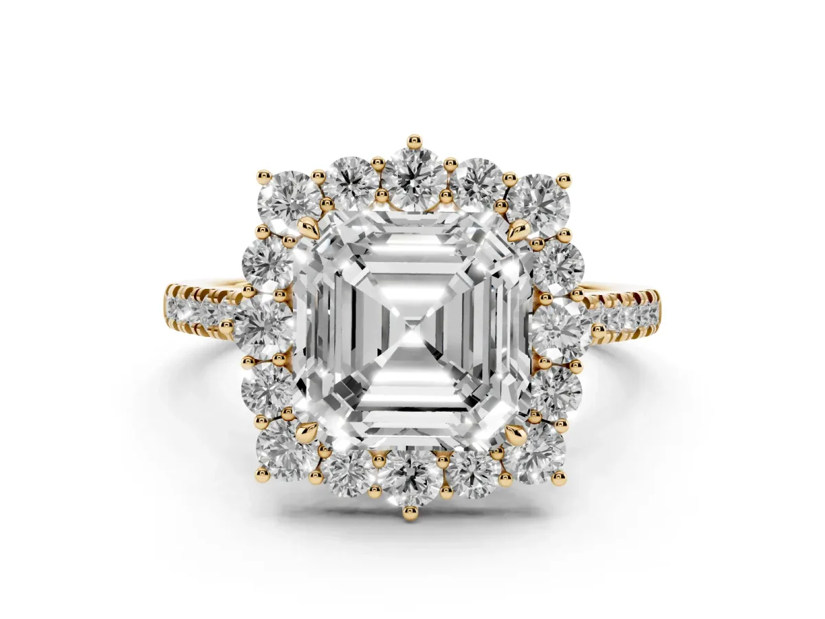 Asscher Cut Halo Diamond Ring with Pavé Band and Prong Setting Yellow gold