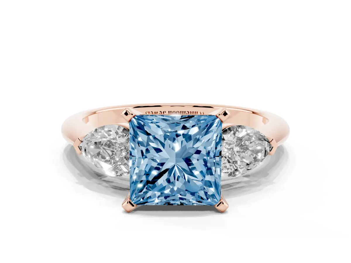 Fancy Blue Three-Stone Princess Cut Diamond Ring with Pear Side Stones and Four-Prong Setting Rose gold