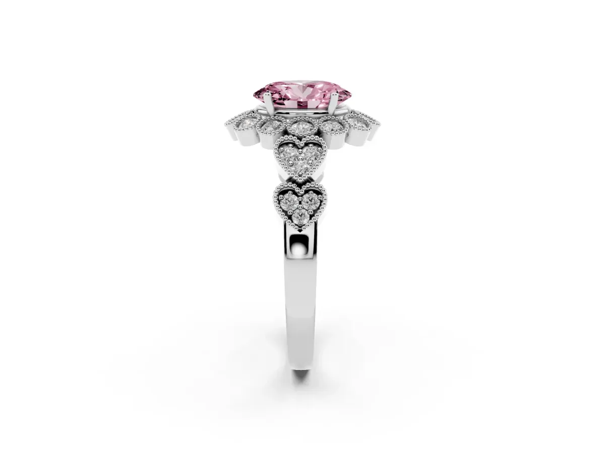 Fancy Pink Oval Cut Brilliant Milgrain Pave Heart Band Solitaire Ring Platinum