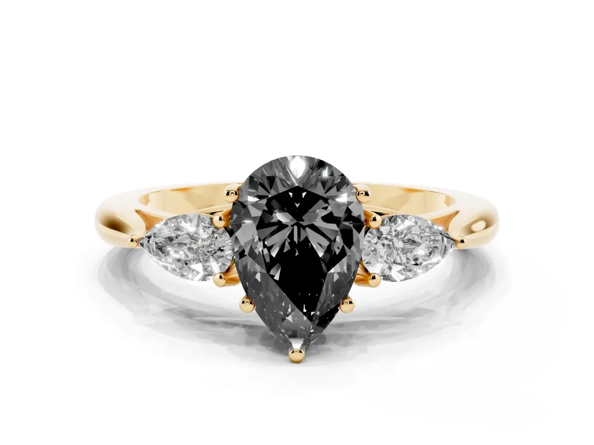 Fancy Black Pear Cut Diamond Three-Stone Ring with Pear Side Stones and Prong Setting Yellow gold