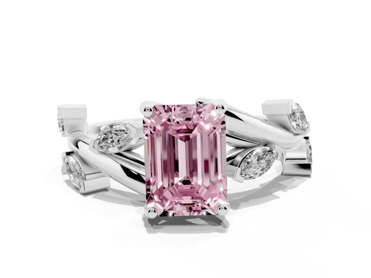 Fancy Pink Emerald Cut Solitaire Twisted Band Marquise Accent Prong Setting Ring Platinum