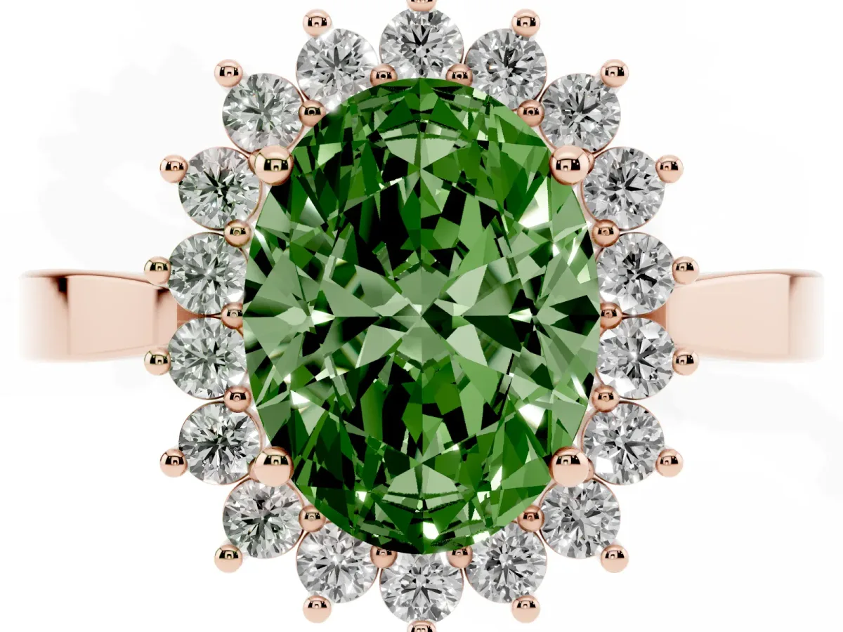 Fancy Green Oval Cut Cut Diamond Halo Ring with Round Brilliant Halo and Solitaire Band Rose gold
