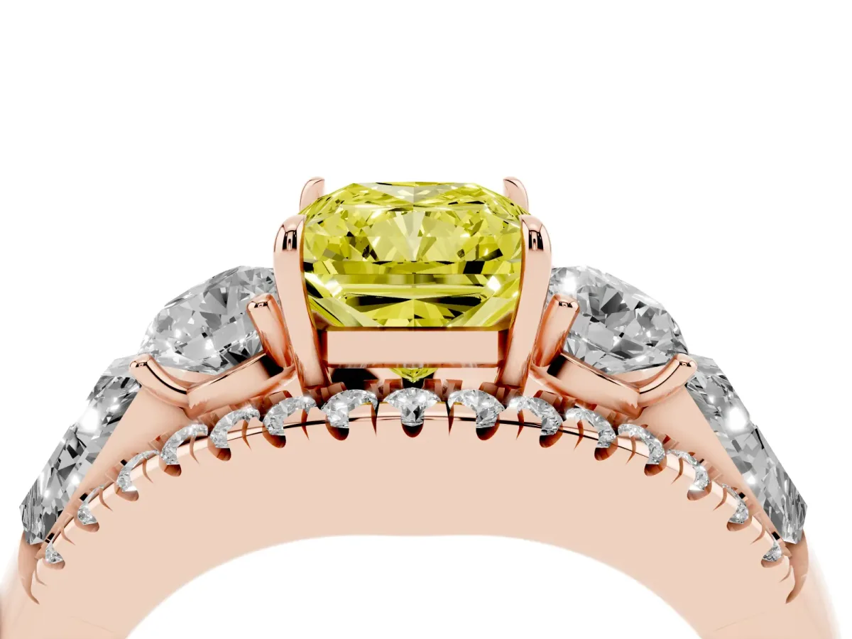 Fancy Yellow Three-Stone Radiant Cut Diamond Engagement Ring with Pave Band and Prong Setting Rose gold