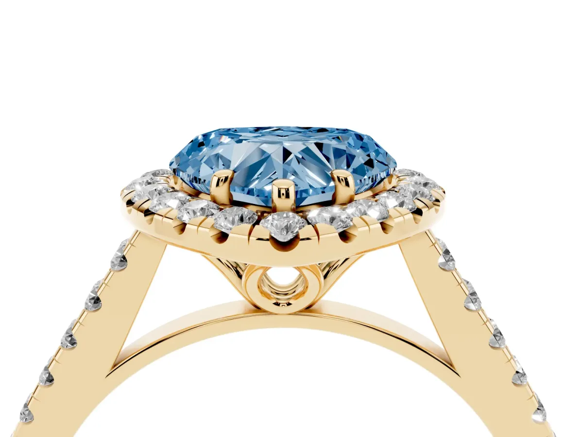 Fancy Blue Heart Cut Halo Pavé Diamond Engagement Ring with Four-Prong Setting Yellow gold