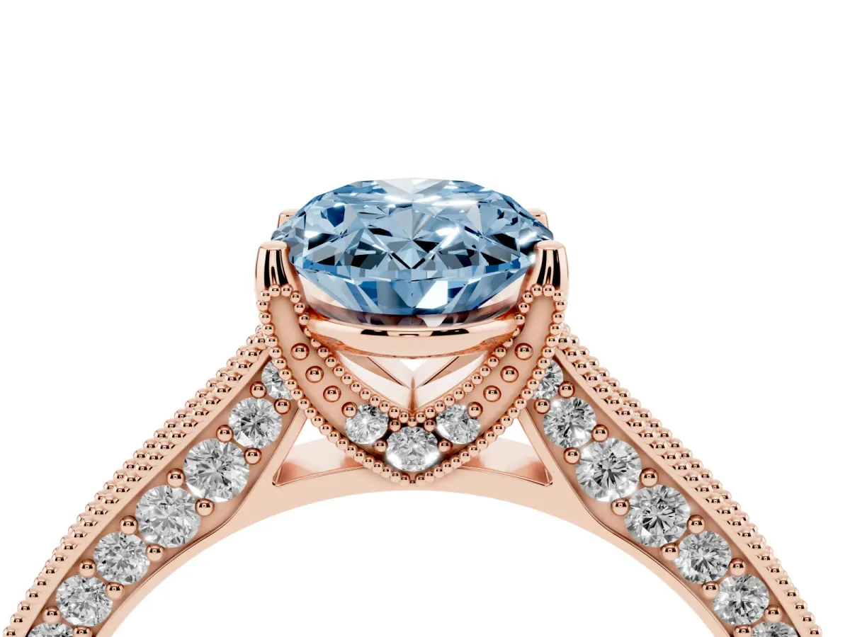 Fancy Blue Oval Cut Cut Diamond Solitaire Ring with Milgrain Pave Band and Four Prong Setting Rose gold