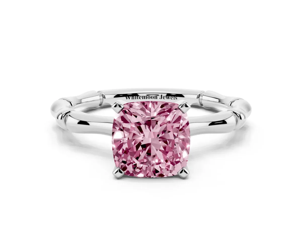 Fancy Pink Cushion Cut Solitaire Diamond Ring with Bamboo Band and Four-Prong Setting Silver