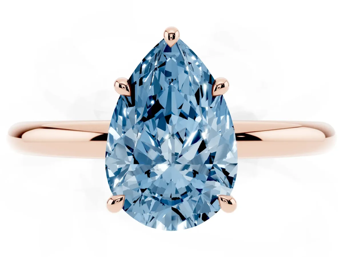 Fancy Blue Pear Cut Diamond Solitaire Ring with Thin Band and Four-Prong Setting Rose gold