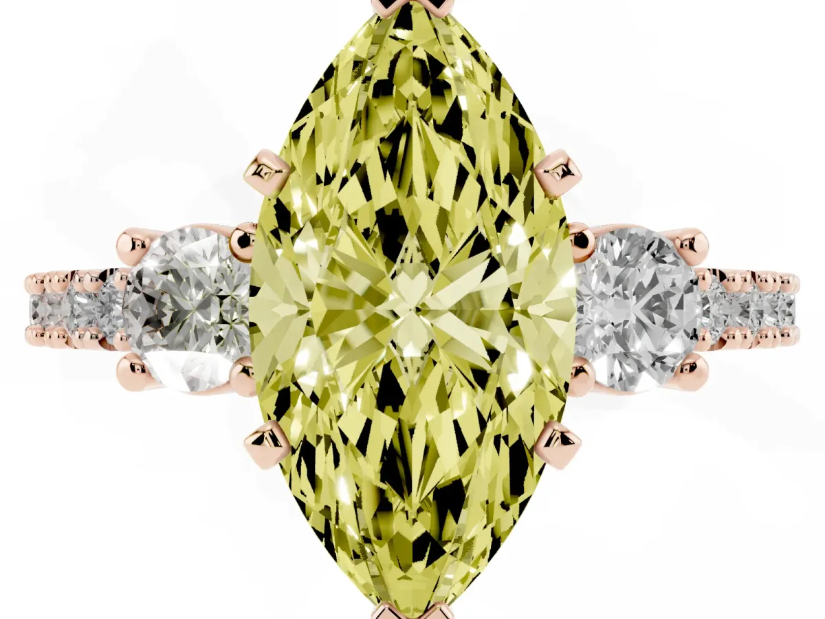 Fancy Yellow Marquise Cut Three-Stone Diamond Pavé Band with Prong Setting Rose gold