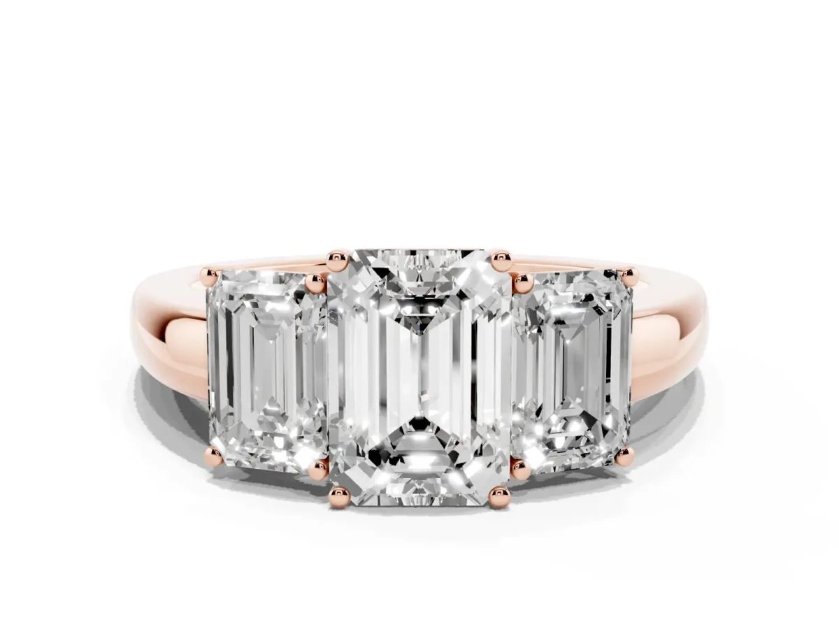 Emerald Cut Diamond Three-Stone Ring with Four-Prong Setting and Classic Band Rose gold