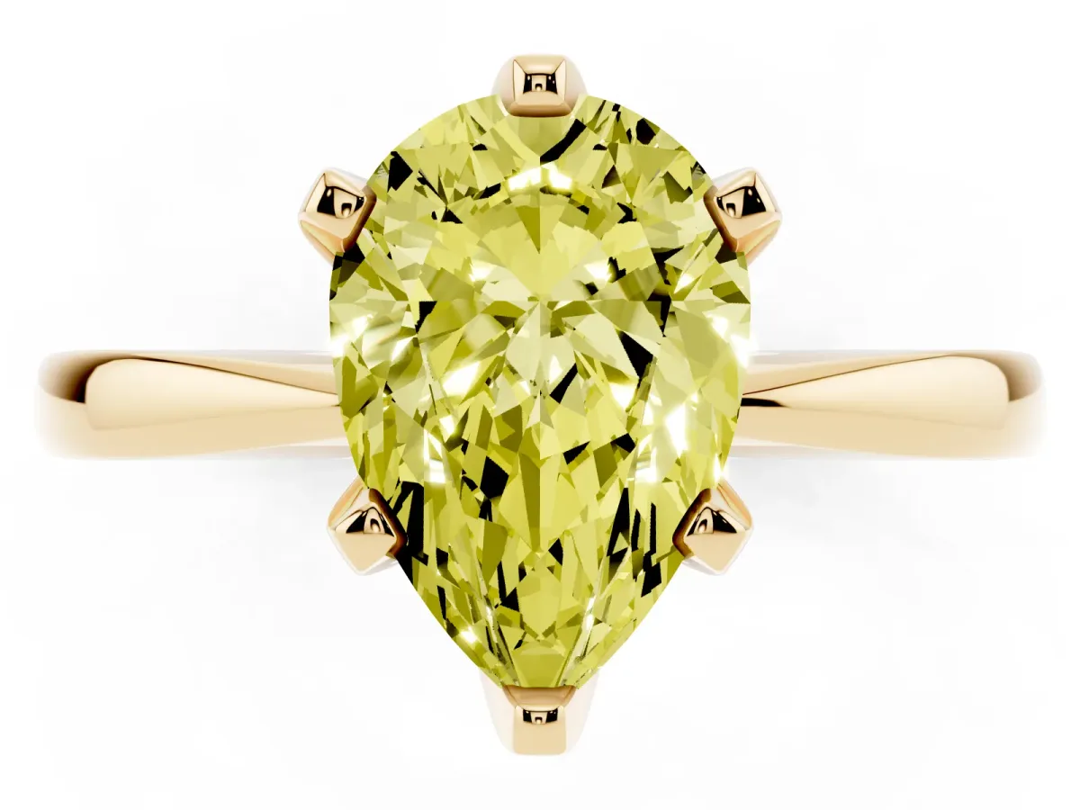 Fancy Yellow Pear Cut Solitaire Engagement Ring with Six-Prong Setting and Tapered Band Yellow gold