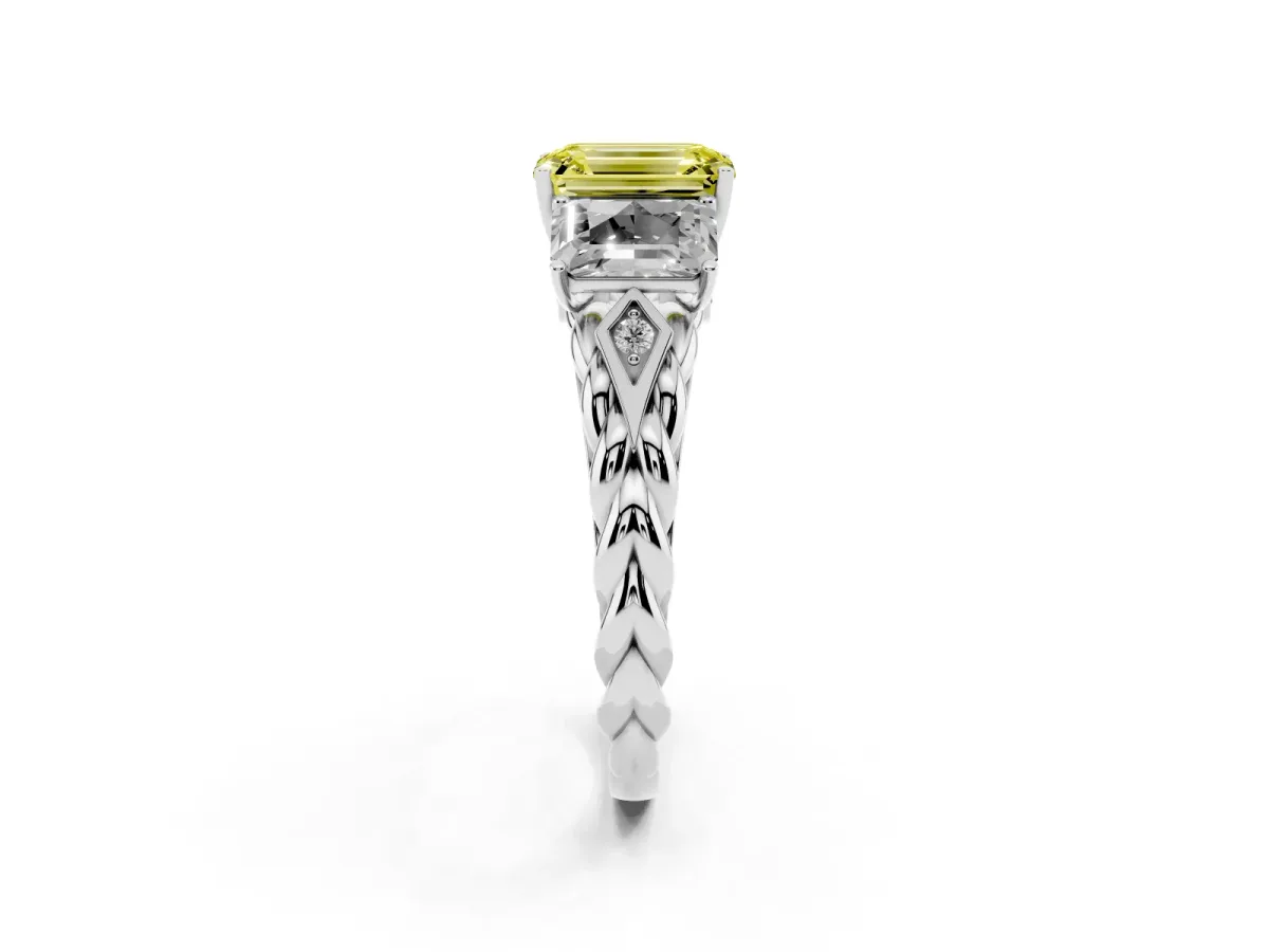 Fancy Yellow Three-Stone Radiant Cut Diamond Braided Band Ring with Four-Prong Setting Silver