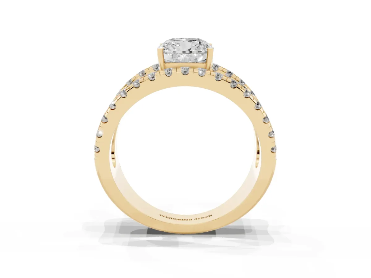 Cushion Cut Solitaire Split Shank Pave Diamond Ring Yellow gold