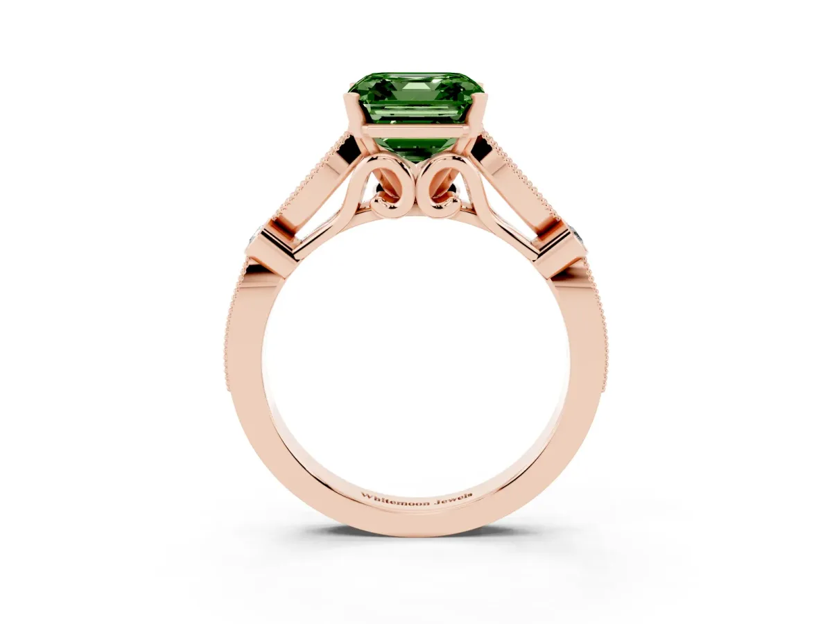 Fancy Green Asscher Cut Cut Diamond with Milgrain Marquise and Bezel Accents on a Solitaire Band with Prong Setting Rose gold