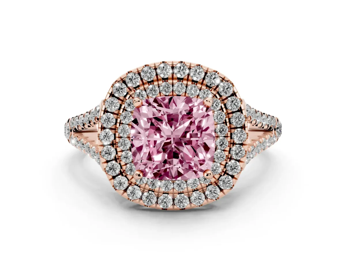 Fancy Pink Cushion Cut Diamond Double Halo Ring with Pavé Band and Prong Setting Rose gold