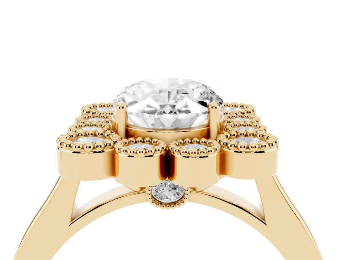 Oval Cut Halo Diamond Cluster Engagement Ring with Milgrain Bezel Setting and Solitaire Band Yellow gold