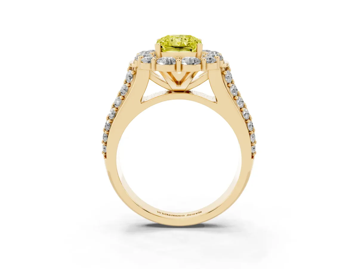 Fancy Yellow Radiant Cut Halo Diamond Engagement Ring with Split Shank and Prong Setting Yellow gold