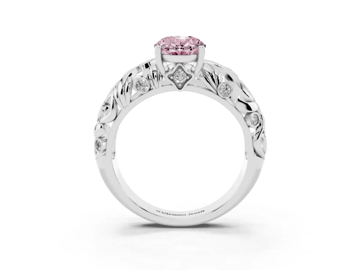 Fancy Pink Oval Cut Solitaire Diamond Leaf-Inspired Vine Band Ring with Prong Setting Silver