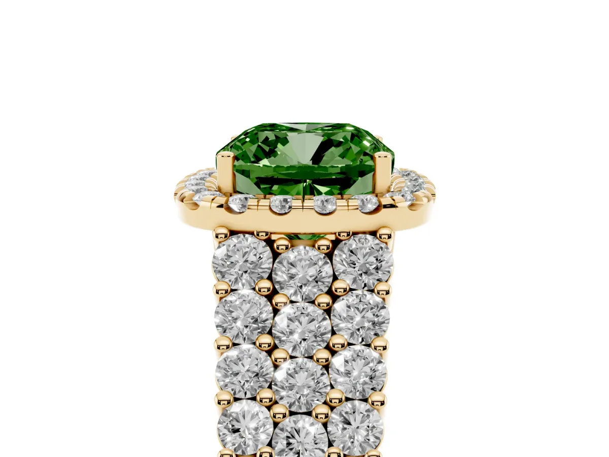 Fancy Green Cushion Cut Diamond Halo Engagement Ring with Triple Row Round Pavé Band and Prong Setting Yellow gold