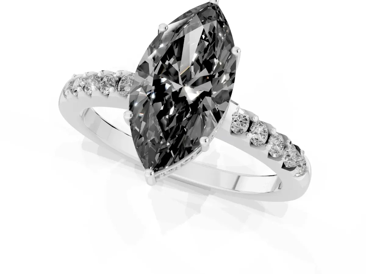 Fancy Black Marquise Cut Solitaire Diamond Engagement Ring with Pavé Band and Six-Prong Setting Silver