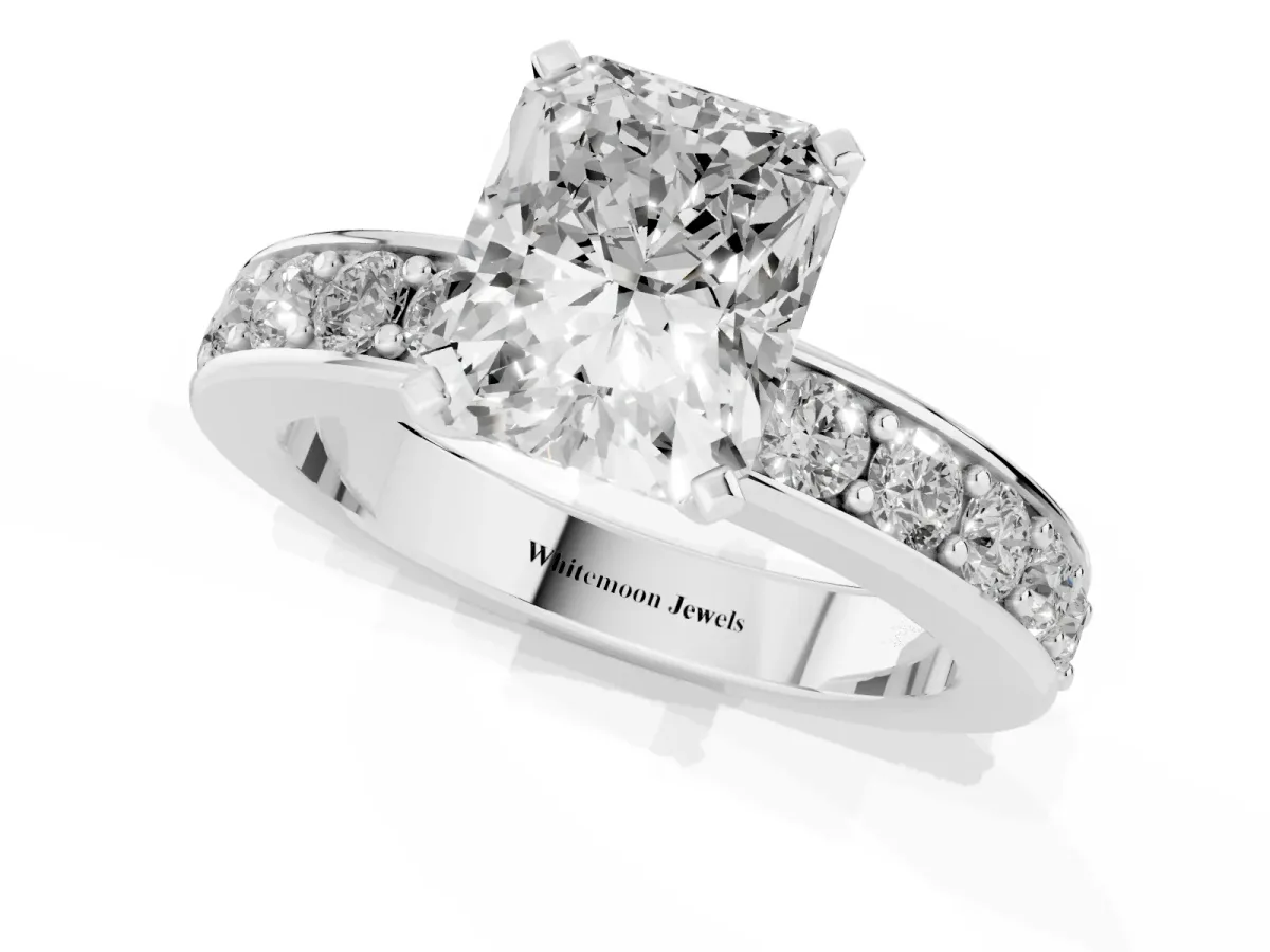 Radiant Cut Diamond Engagement Ring with Channel Set Round Band and Prong Setting Silver