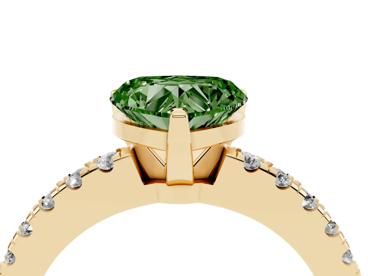 Fancy Green Heart Cut Solitaire Diamond with Pavé Band and Four-Prong Setting Yellow gold