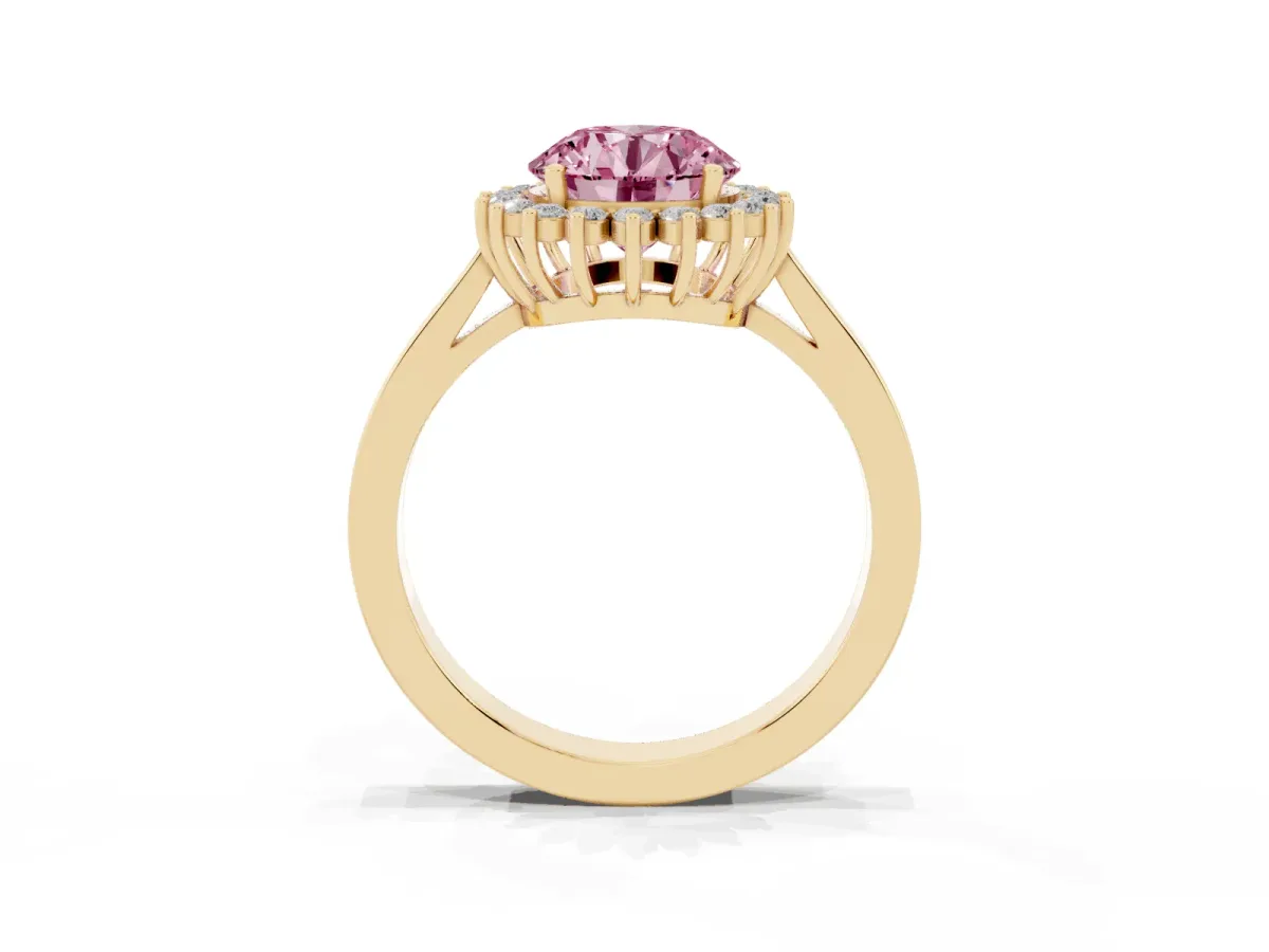 Fancy Pink Round Cut Cut Diamond Halo Ring with Round Brilliant Halo and Solitaire Band Yellow gold
