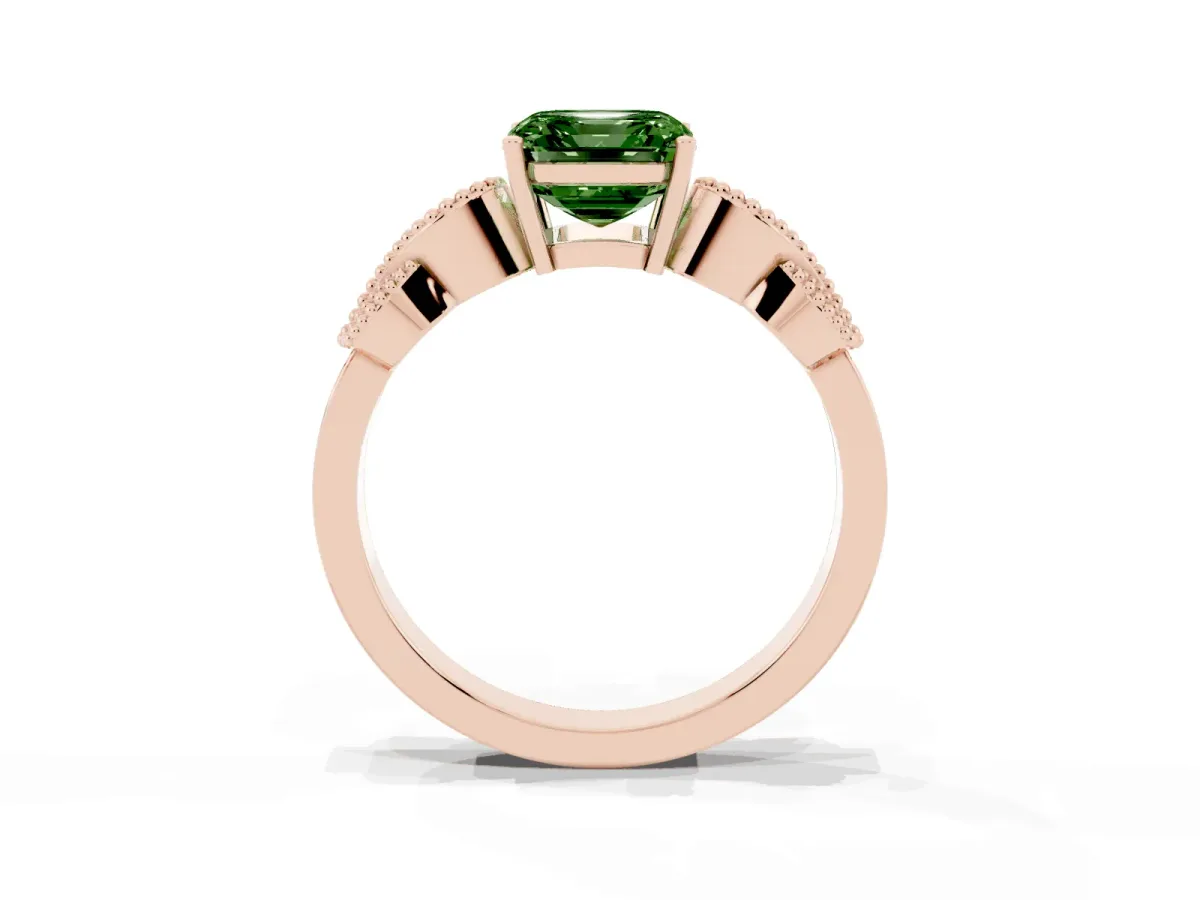 Fancy Green Asscher Cut Solitaire Milgrain Leaf Band with Prong Setting Rose gold