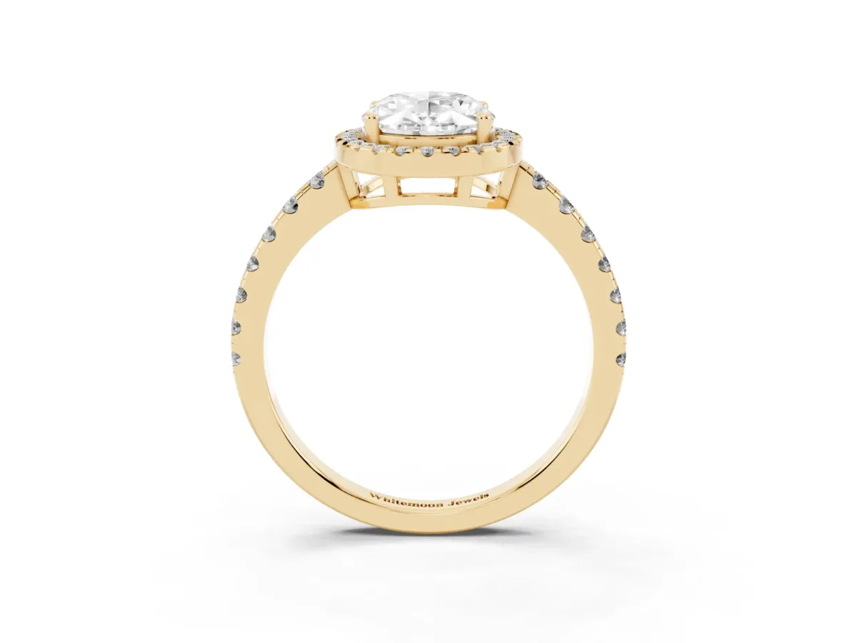 Oval Cut Diamond Halo Ring with Pavé Band and Four-Prong Setting Yellow gold