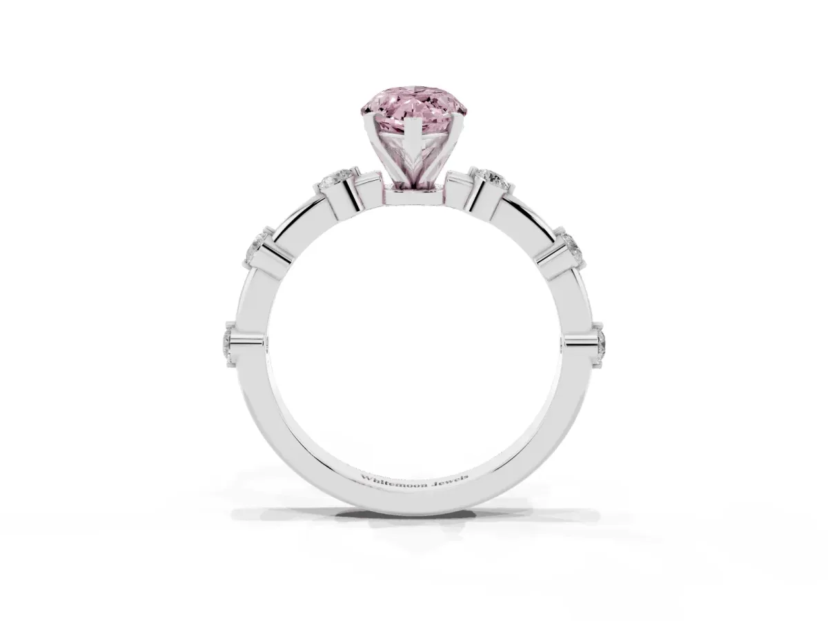 Fancy Pink Marquise Cut Solitaire Diamond Ring with Bezel Set Side Stones and Prong Setting Silver
