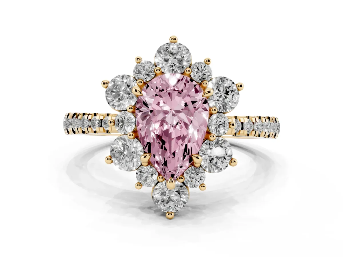 Fancy Pink Pear Cut Diamond Floral Halo Ring with Round Pavé Band and Prong Setting Yellow gold