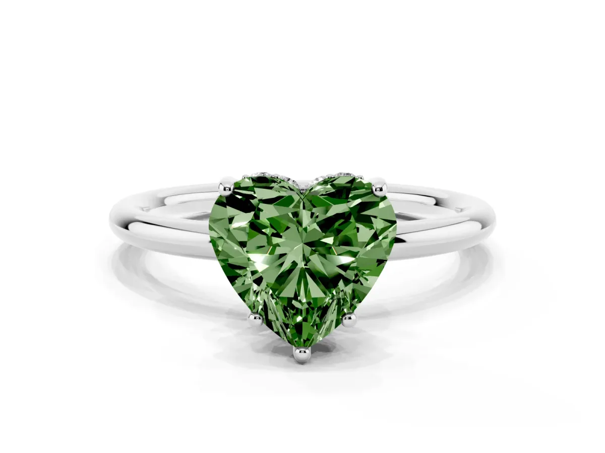 Fancy Green Heart Cut Solitaire Diamond Ring with a Classic Band and Four-Prong Setting Platinum
