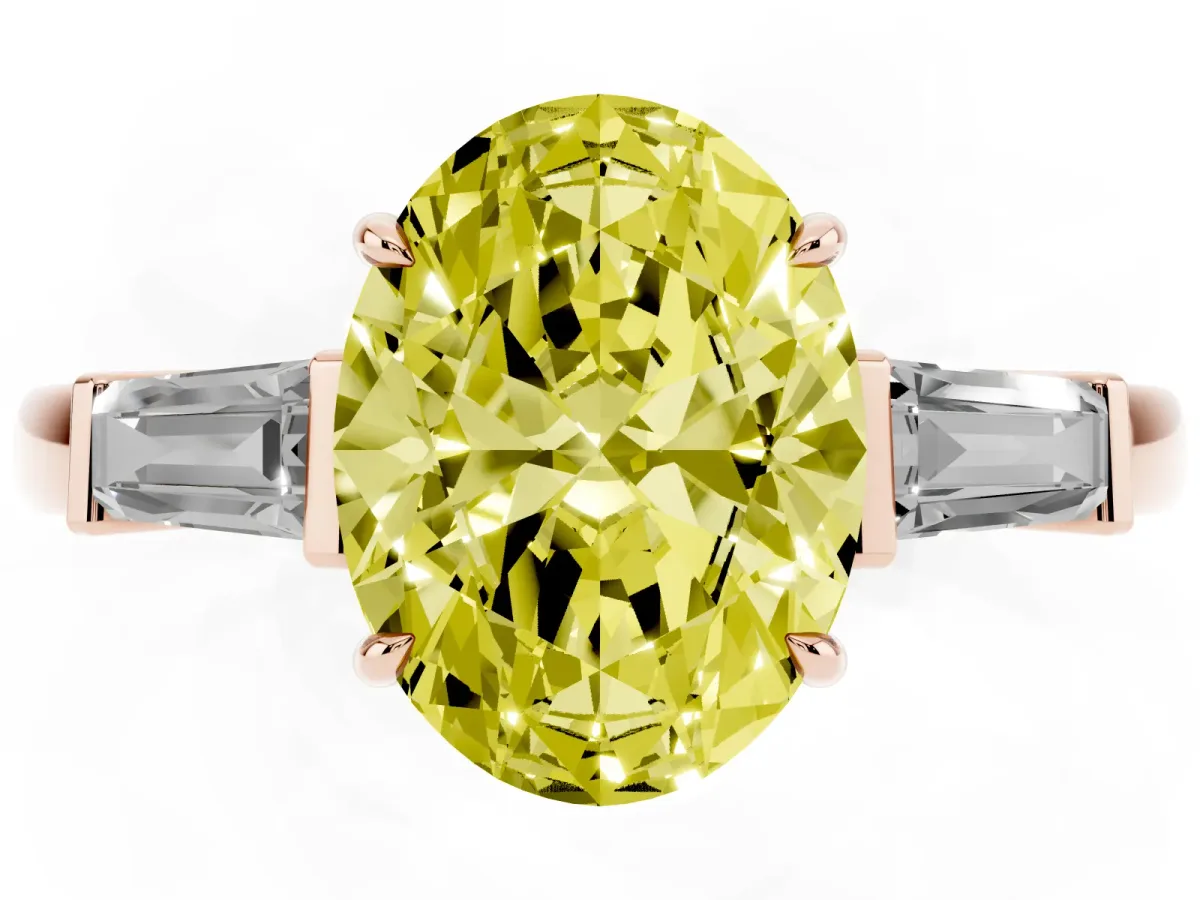 Fancy Yellow Oval Cut Diamond Three-Stone Ring with Tapered Baguette Side Stones and Prong Setting Rose gold