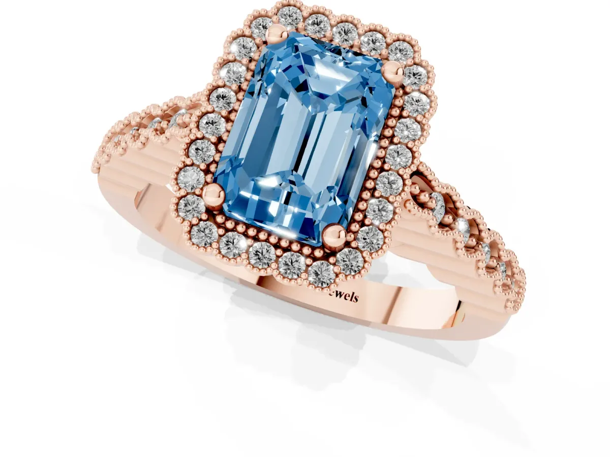 Fancy Blue Radiant Cut Cut Halo Pavé Solitaire Ring with Milgrain Band Rose gold