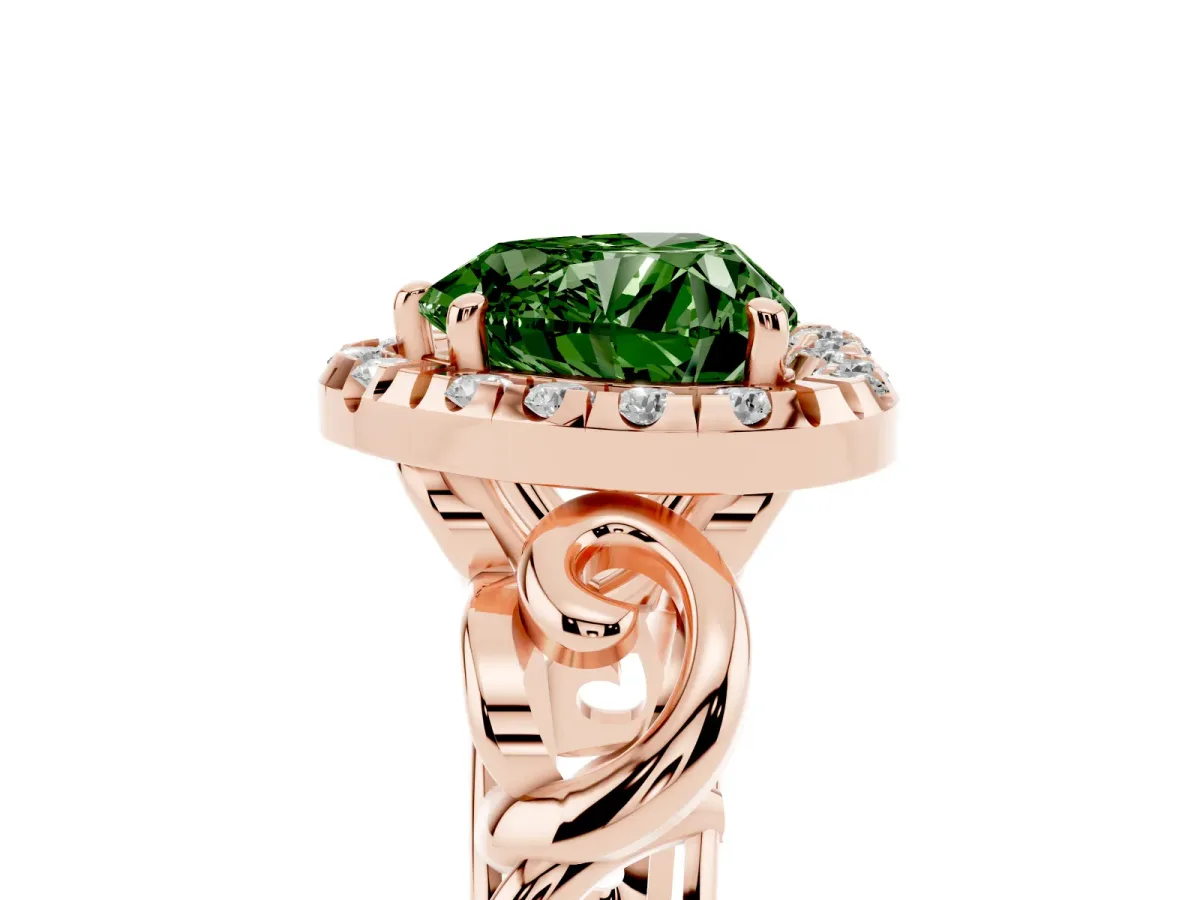 Fancy Green Heart Cut Cut Halo Diamond Ring with Scrollwork Band and Four-Prong Setting Rose gold