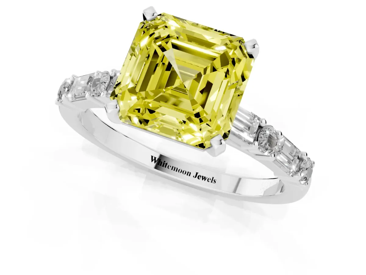 Fancy Yellow Asscher Cut Diamond Solitaire with Side Baguettes and Channel Set Band Silver
