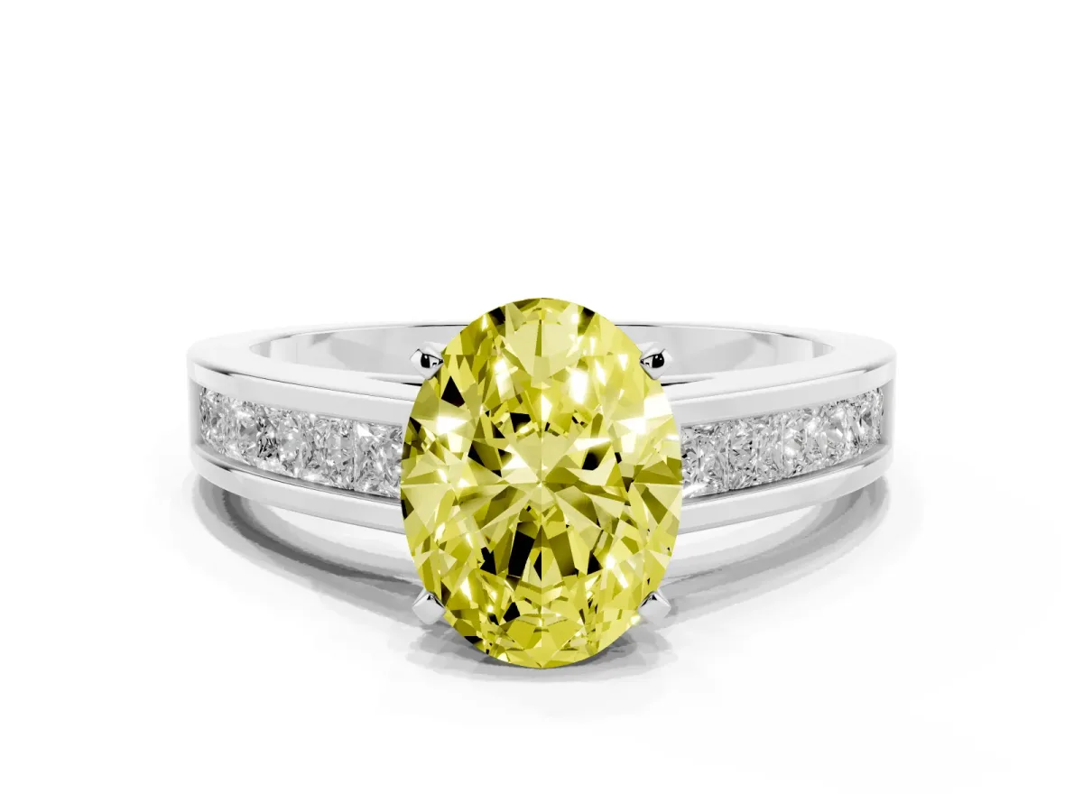 Fancy Yellow Oval Cut Solitaire Diamond Ring with Channel-Set Band and Four-Prong Setting Silver