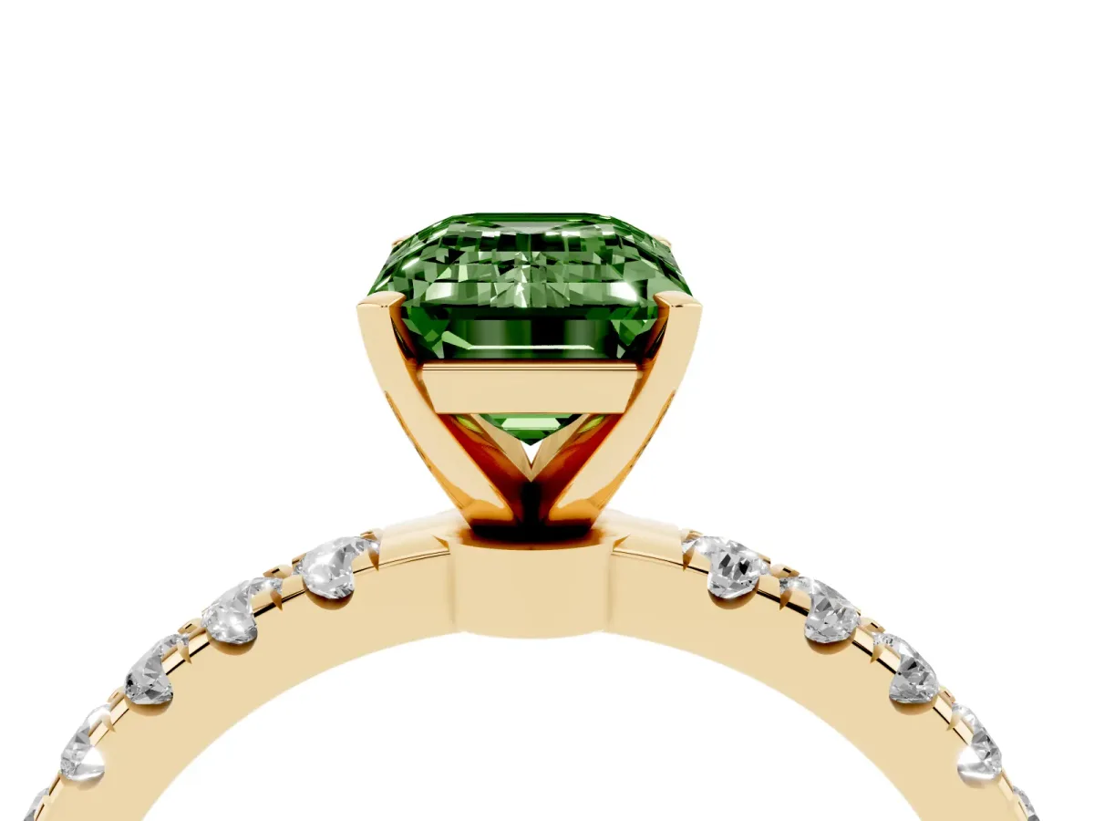 Fancy Green Emerald Cut Diamond Solitaire Ring with Pavé Accents and Four-Prong Setting Yellow gold