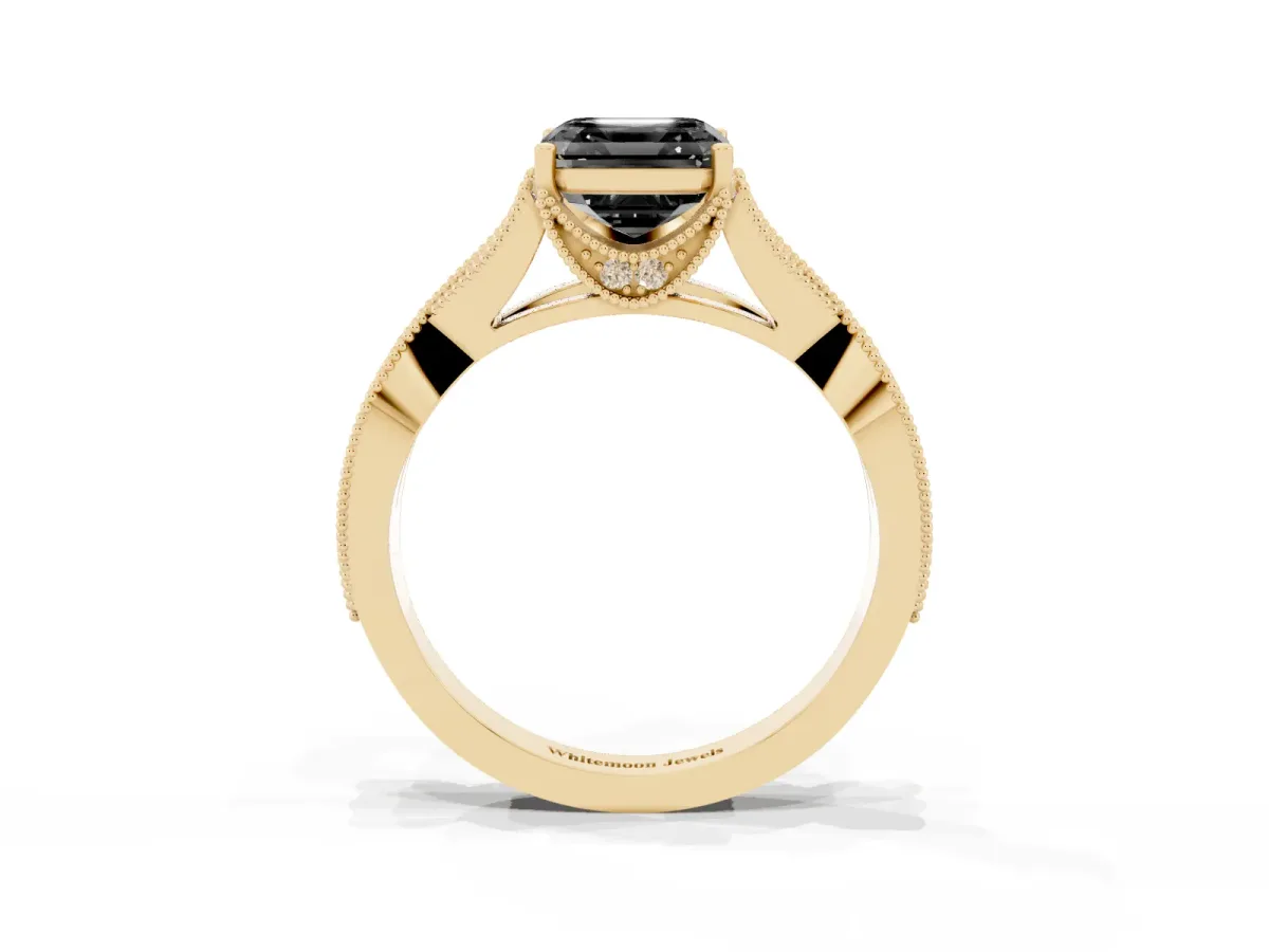 Fancy Black Asscher Cut Cut Diamond Twisted Band with Milgrain Pave Setting and Four-Prong Setting Yellow gold