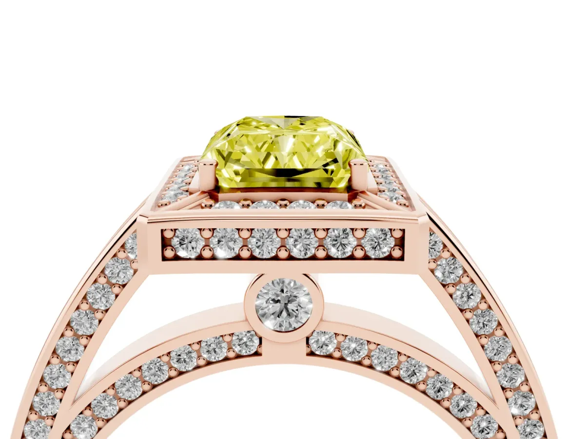 Fancy Yellow Radiant Cut Cut Halo Pave Split Shank Prong Setting Ring Rose gold