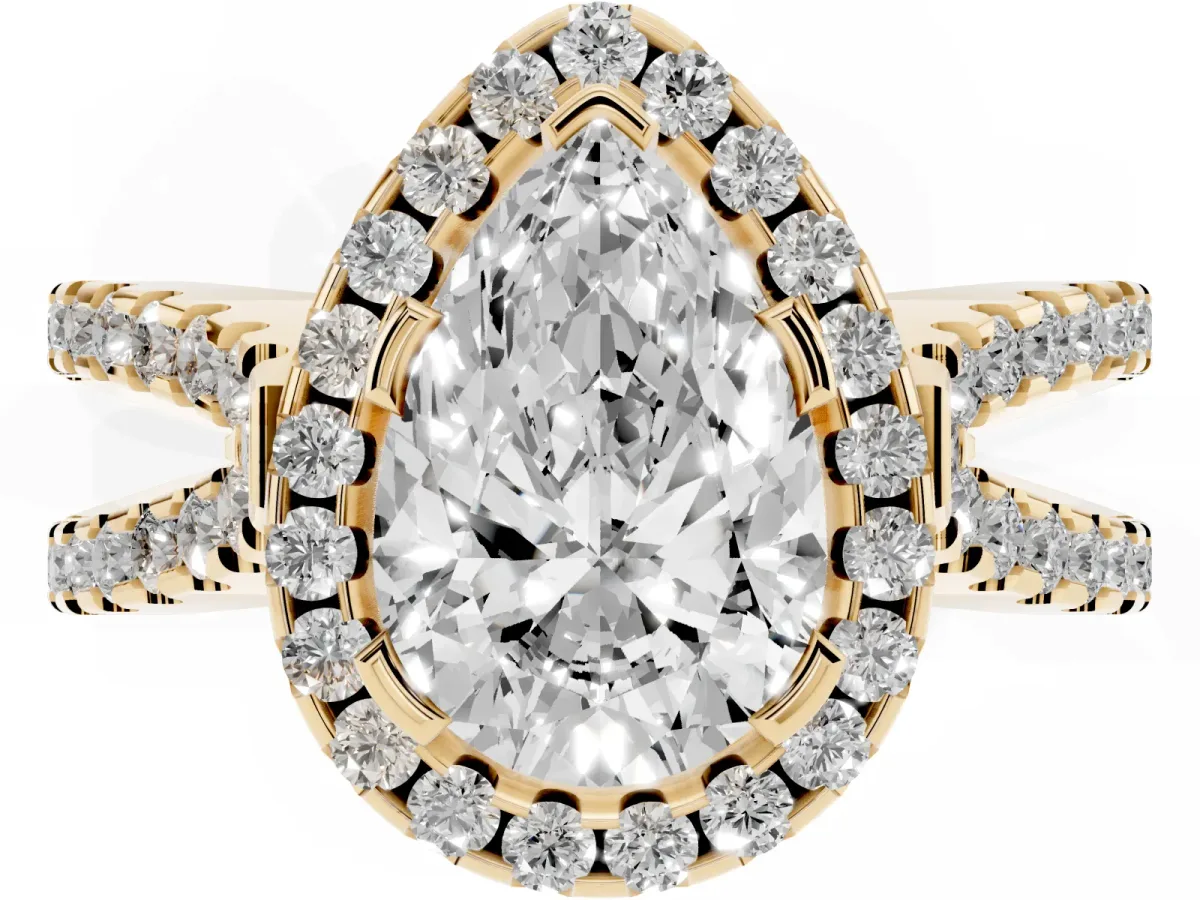 Pear Cut Diamond Halo Ring with Split Shank Pavé Band and Prong Setting Yellow gold