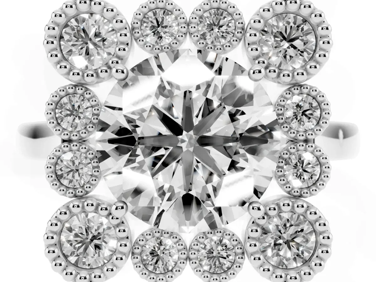 Round Cut Halo Diamond Cluster Engagement Ring with Milgrain Bezel Setting and Solitaire Band White gold