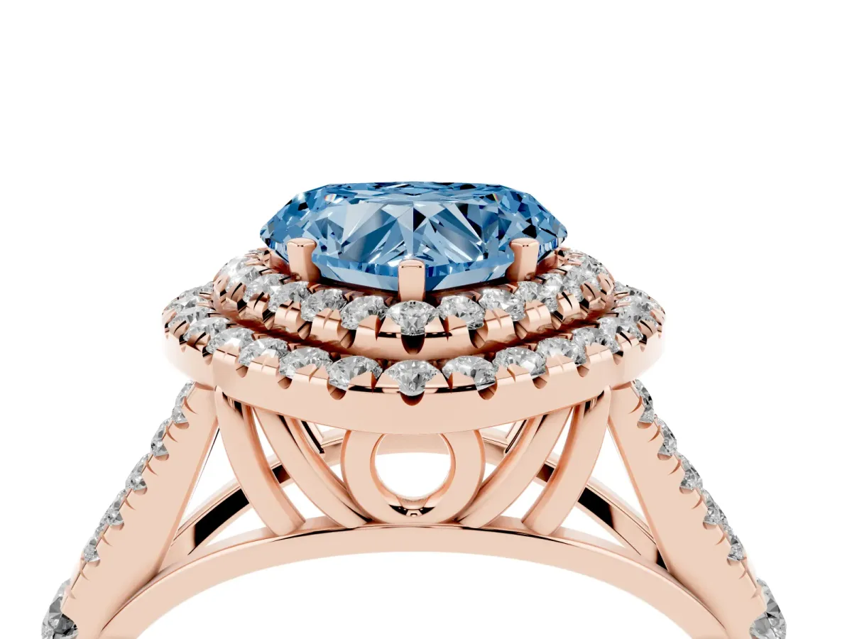 Fancy Blue Heart Cut Cut Double Halo Split Shank Diamond Ring with Prong Setting Rose gold
