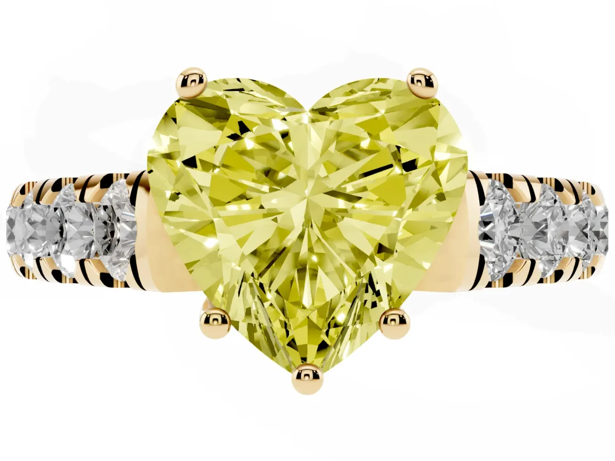 Fancy Yellow Heart Cut Cut Diamond Solitaire Ring with Micro Pave Band and Prong Setting Yellow gold