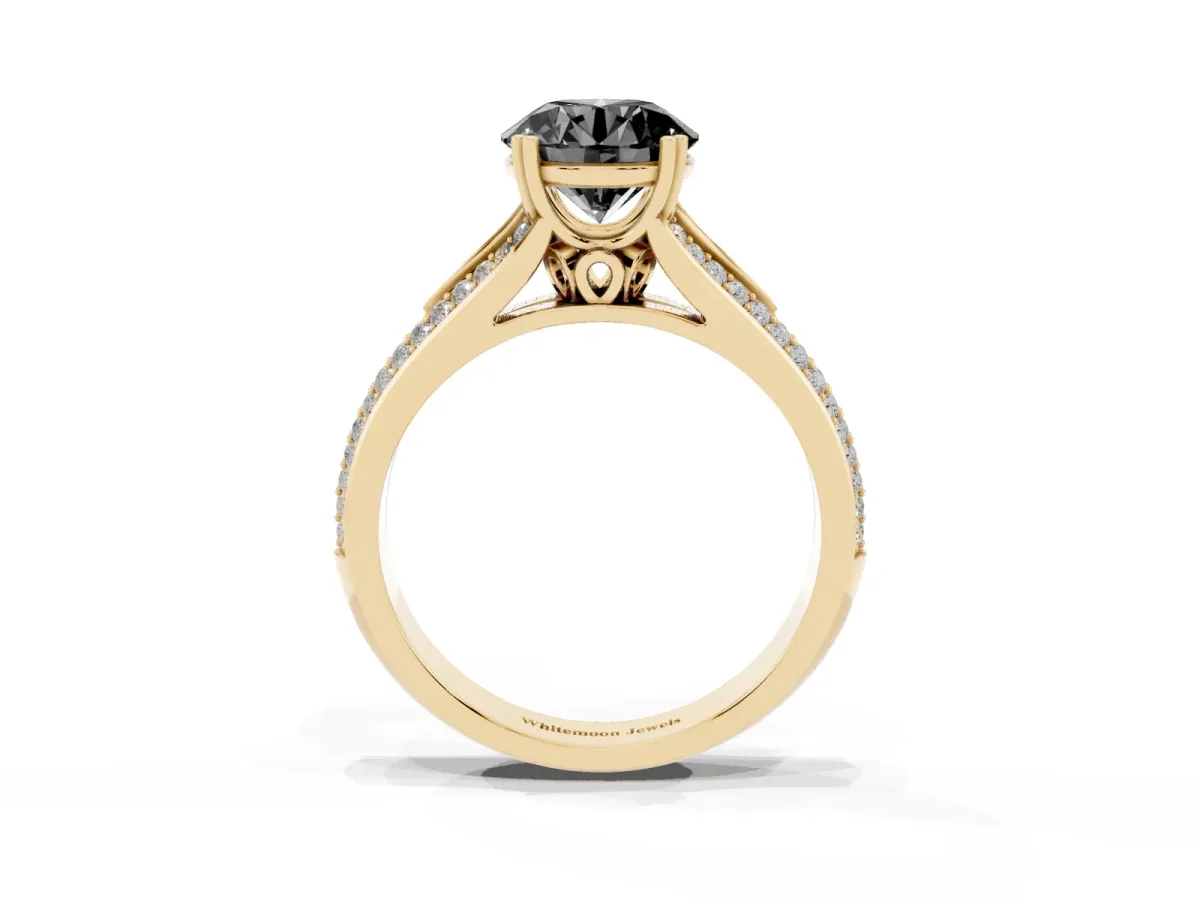 Fancy Black Round Cut Diamond Split Shank Engagement Ring with Pavé Band Yellow gold