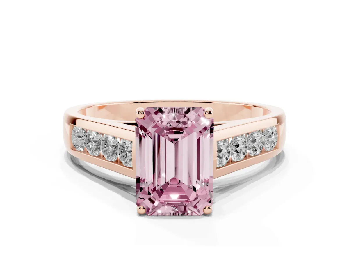 Fancy Pink Emerald Cut Brilliant Channel-Set Solitaire Ring with Four-Prong Setting Rose gold