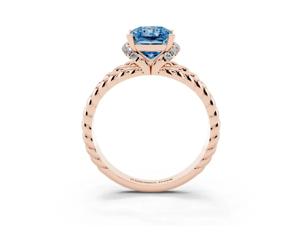 Fancy Blue Radiant Cut Halo Twisted Band Four-Prong Ring Rose gold