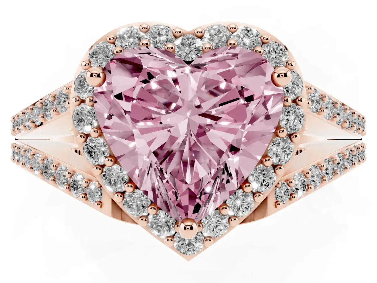 Fancy Pink Heart Cut Halo Split Shank Pave Diamond Ring with Four-Prong Setting Rose gold