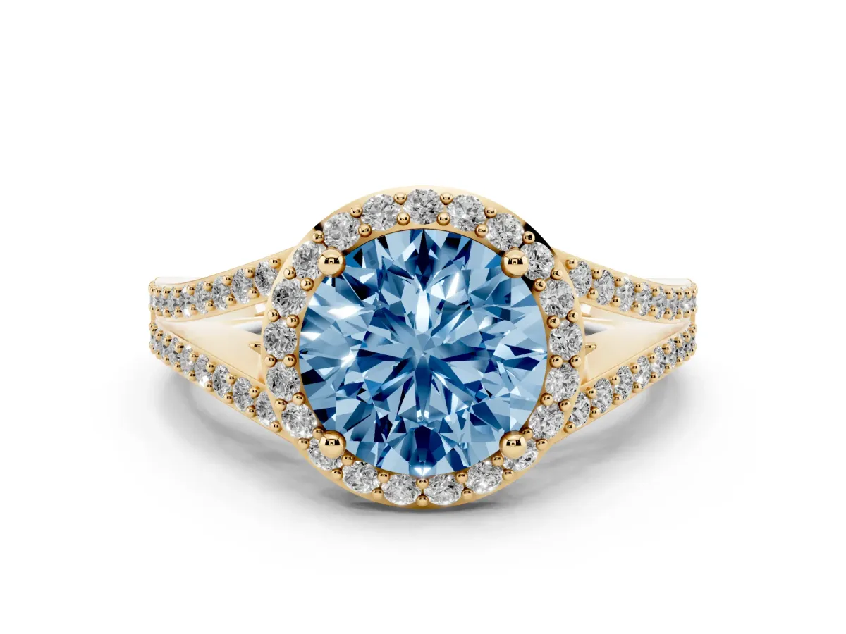 Fancy Blue Round Cut Halo Split Shank Diamond Ring with Prong Setting Yellow gold