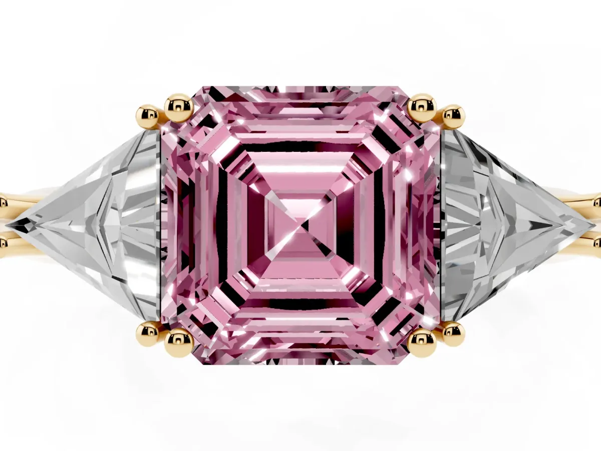 Fancy Pink Three-Stone Asscher Cut Diamond Engagement Ring with Trillion Side Stones and Prong Setting Yellow gold
